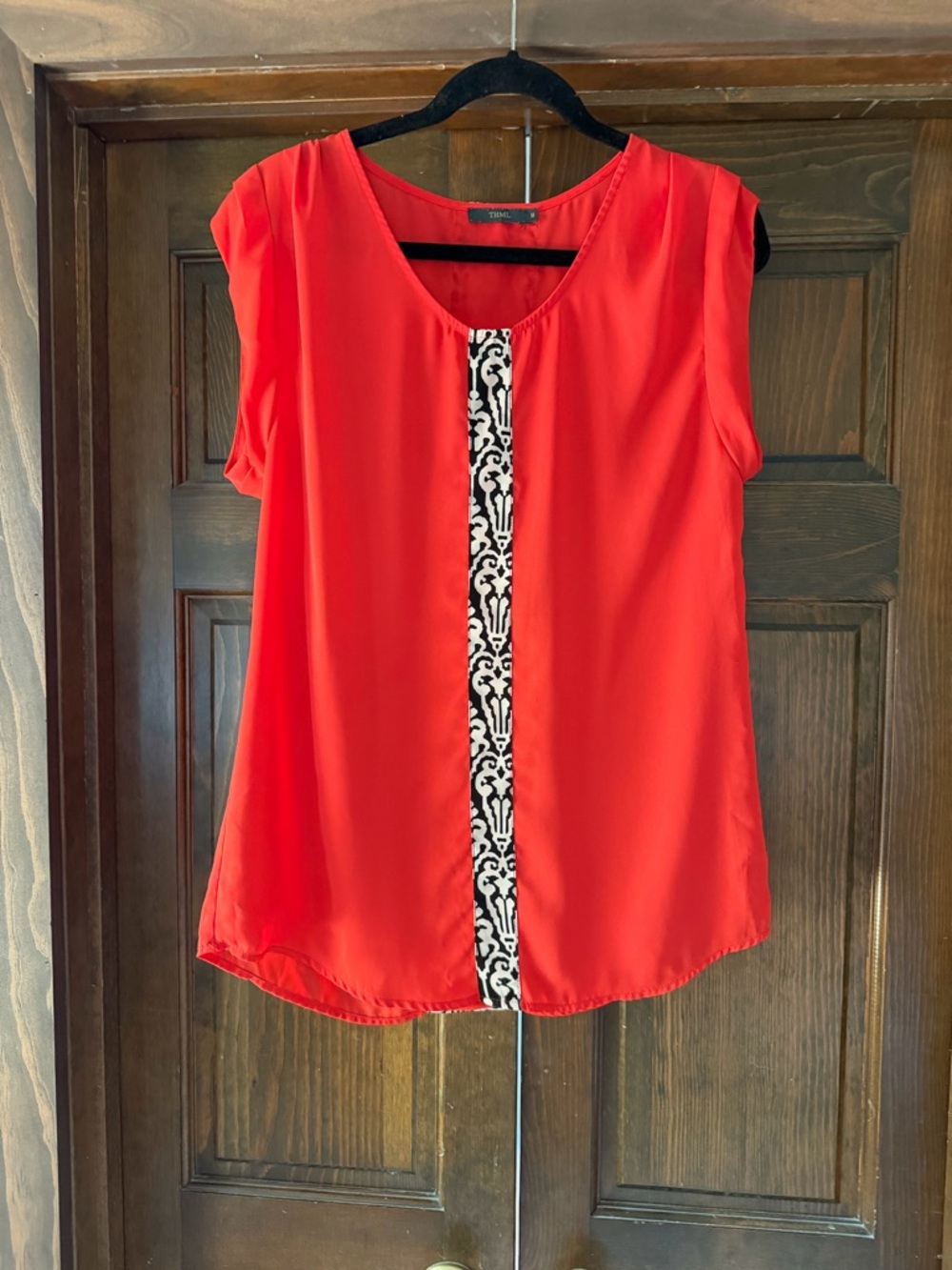 THML Coral Red Cap Sleeve Blouse with Damask Contrast Panel - Size Medium